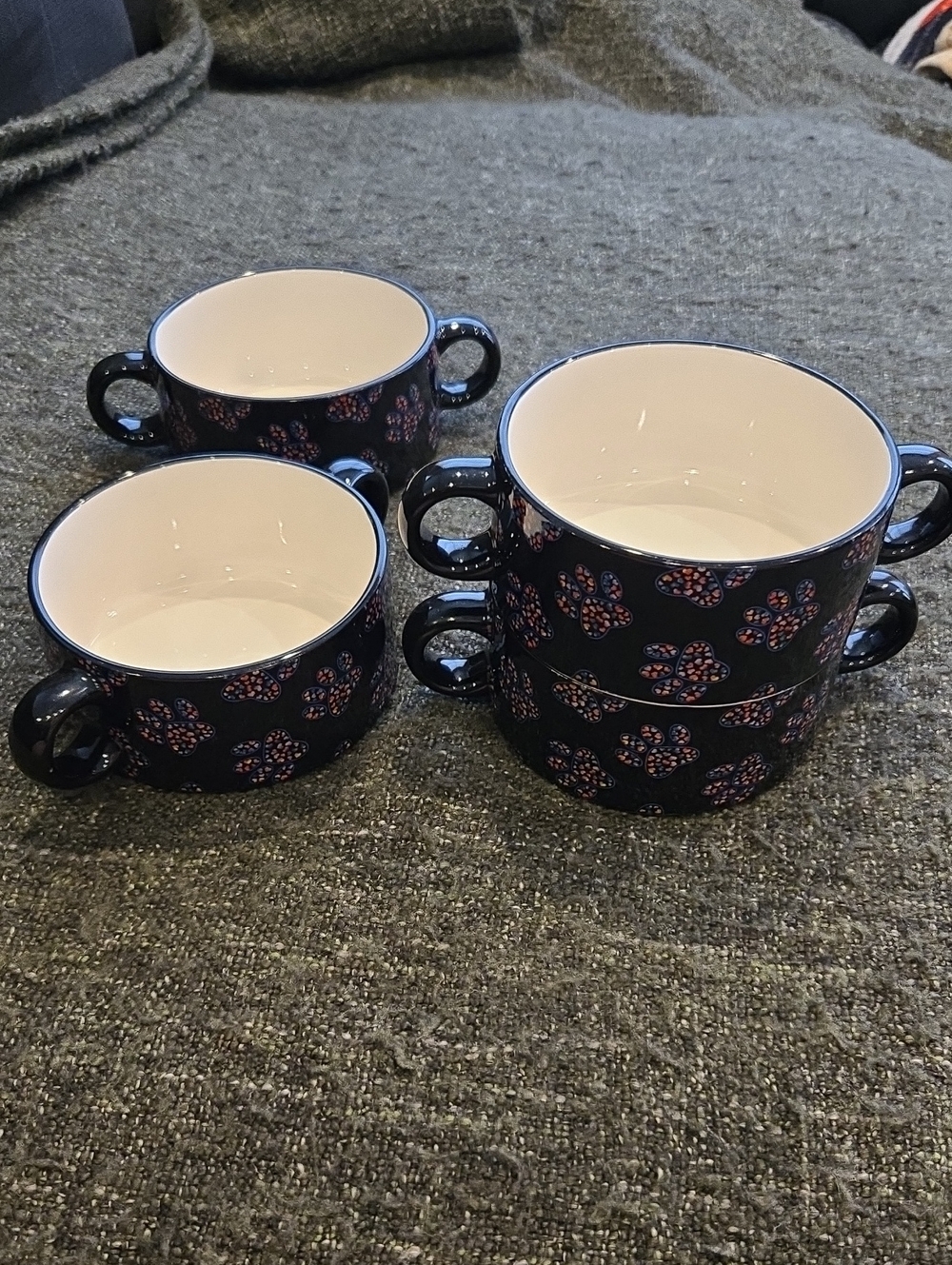 Ceramic Double-Handled Soup Bowls in Navy Blue with Floral Accent